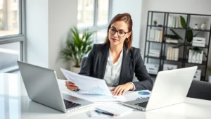 Professional woman in business attire reviewing health documents and financial charts at modern desk with laptop, natural lighting, confident expression, organized workspace