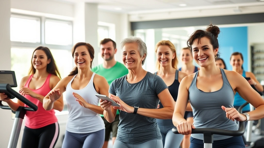 Diverse group of healthy adults exercising together in bright gym facility with modern equipment, smiling and energetic, sunlit windows, community wellness atmosphere