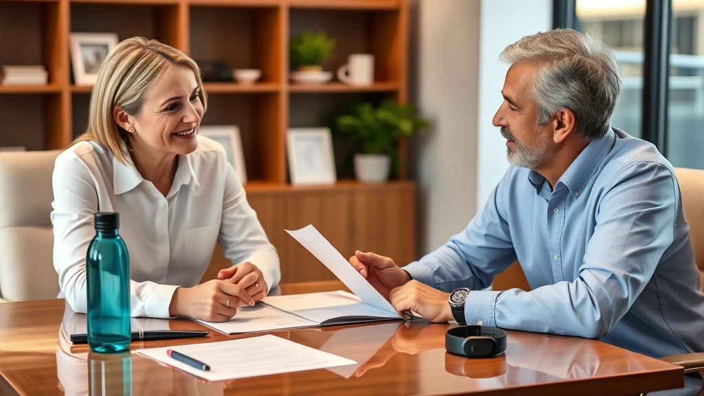 Financial advisor and client discussing retirement planning with wellness items visible like water bottle and fitness tracker on desk, professional office setting, warm lighting