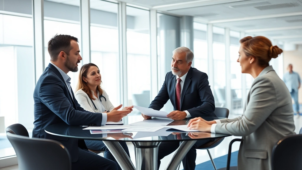 Professional healthcare administrator in modern hospital conference room reviewing strategic plans with colleagues at glass table, natural lighting from large windows, modern medical facility background