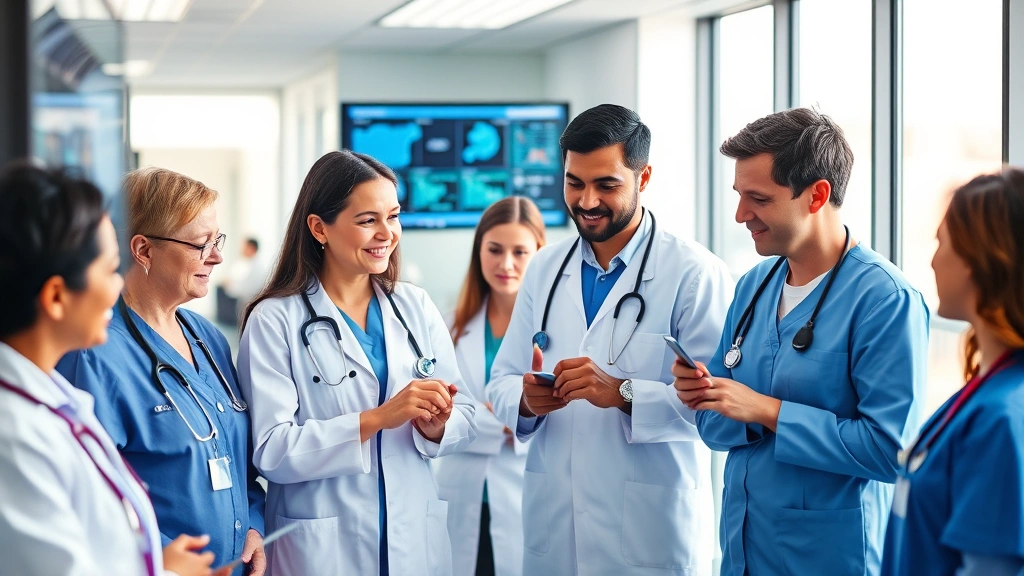 Diverse team of healthcare professionals including doctors, nurses, and administrators collaborating in bright clinical setting, reviewing patient data on digital displays, professional but approachable atmosphere