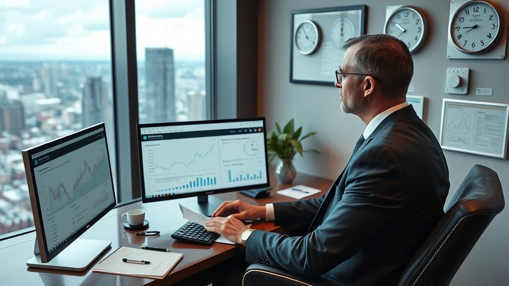 Senior health executive in corner office overlooking city skyline, reviewing financial reports and healthcare analytics on computer screens, sophisticated professional environment with healthcare certifications on walls