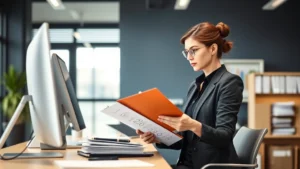 Professional female health and safety executive in business attire reviewing safety documentation at modern school administrative office desk with computer, clipboard, and organized files