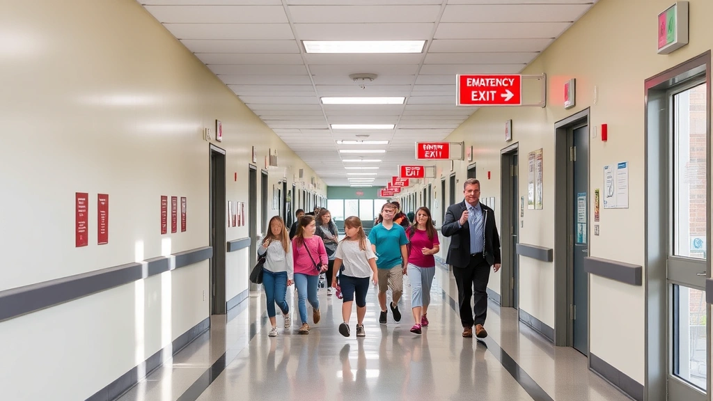 Professional school hallway with modern safety features, emergency exits clearly marked, natural lighting, diverse students and teachers moving safely through corridor, calm organized atmosphere