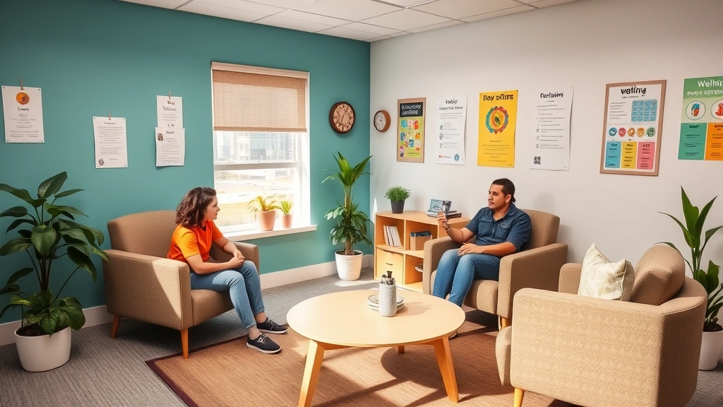 School counselor's office with comfortable seating, calming colors, student and counselor in supportive conversation, wellness posters on walls, plants and natural light, peaceful environment