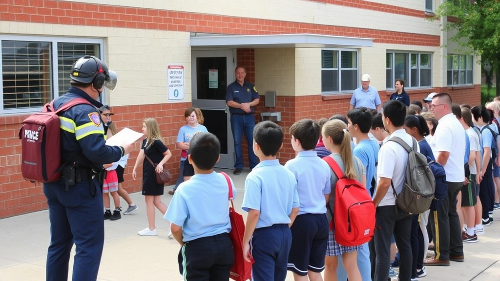 School emergency response team conducting organized evacuation drill, students and staff in orderly assembly point outside building, staff checking attendance lists, clear communication in progress