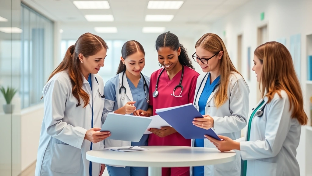 Professional healthcare team collaborating in modern medical clinic with diverse practitioners including nurses, therapists, and wellness specialists reviewing patient information at a bright, clean workspace