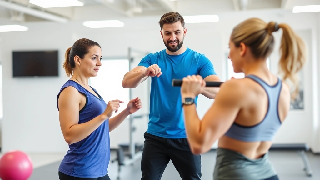 Certified personal trainer conducting one-on-one session with client in bright fitness studio, demonstrating proper form and providing personalized coaching for health transformation