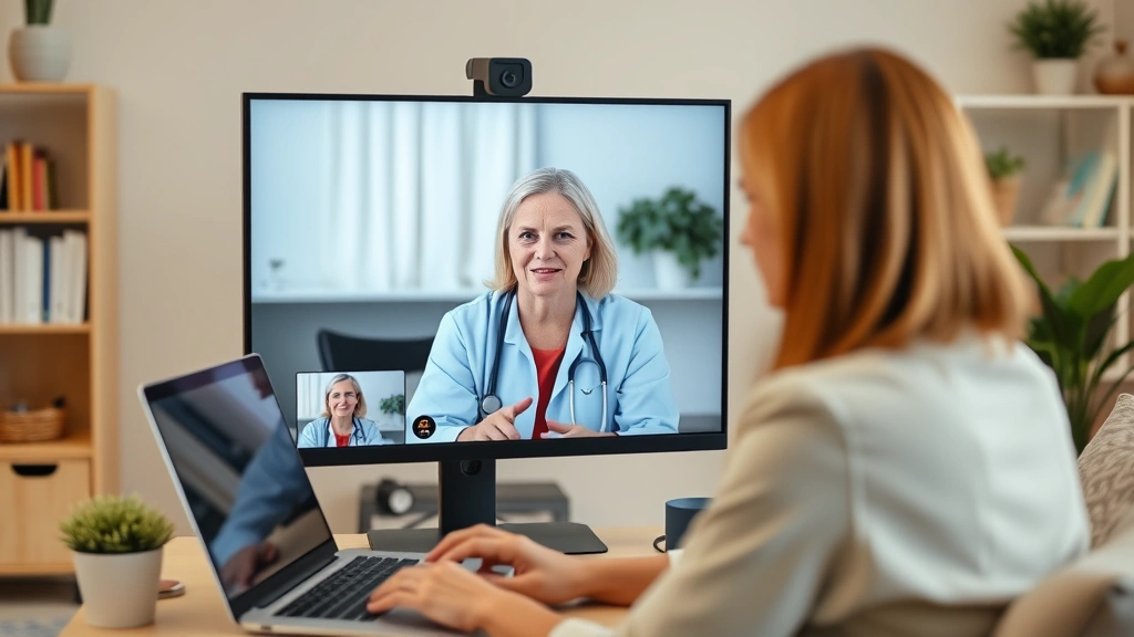 Remote telehealth therapist conducting video consultation from home office setup, showing mental health professional providing compassionate care through digital platform to help patient wellness