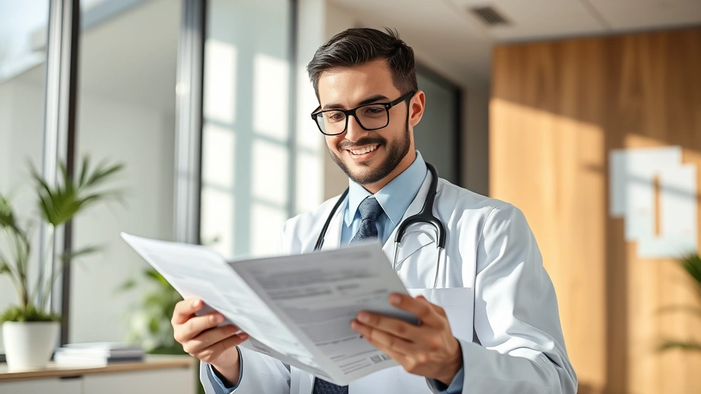 Professional healthcare worker in modern medical office reviewing financial documents and investment statements, natural lighting, confident expression, wealth and success atmosphere