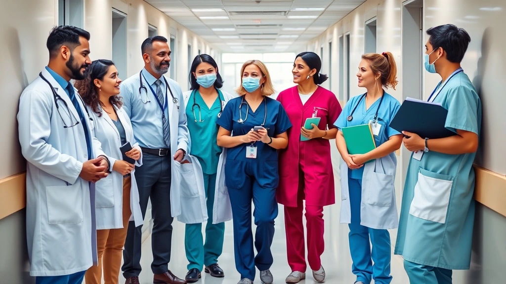 Diverse group of healthcare professionals including doctors, nurses, and administrators collaborating in hospital corridor, modern medical environment, professional attire, teamwork and growth