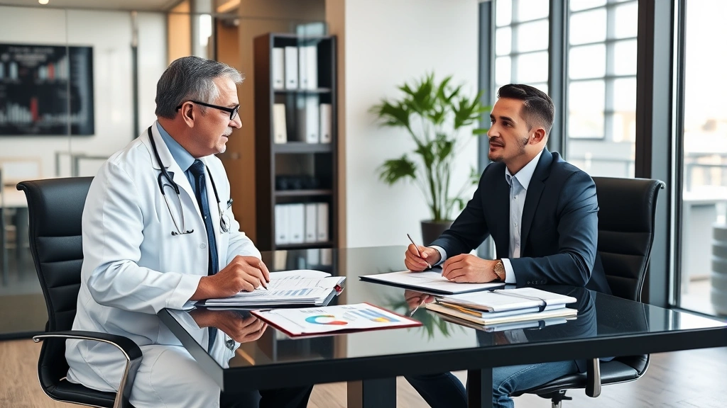 Healthcare professional meeting with financial advisor in modern office, discussing investment portfolio and wealth strategy, charts and documents on desk, professional setting