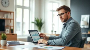 Successful professional reviewing investment portfolio on laptop in modern home office with charts and financial documents visible, natural daylight, confident expression