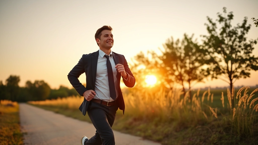 A fit, confident professional in business attire jogging outdoors at sunrise, representing vitality and wealth-building energy