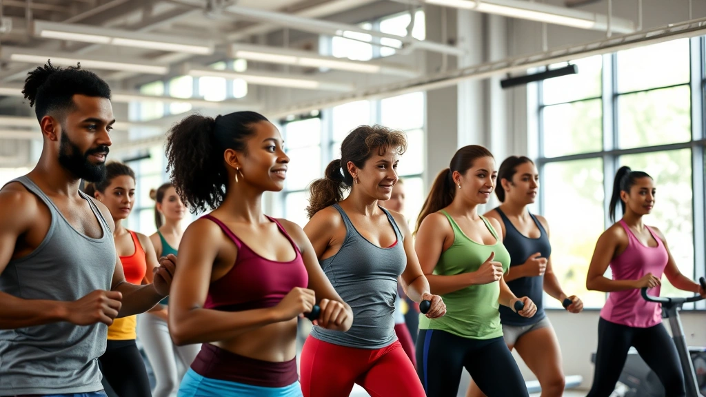 A diverse group of healthy individuals exercising together in a modern gym with natural lighting, symbolizing community and wellness investment