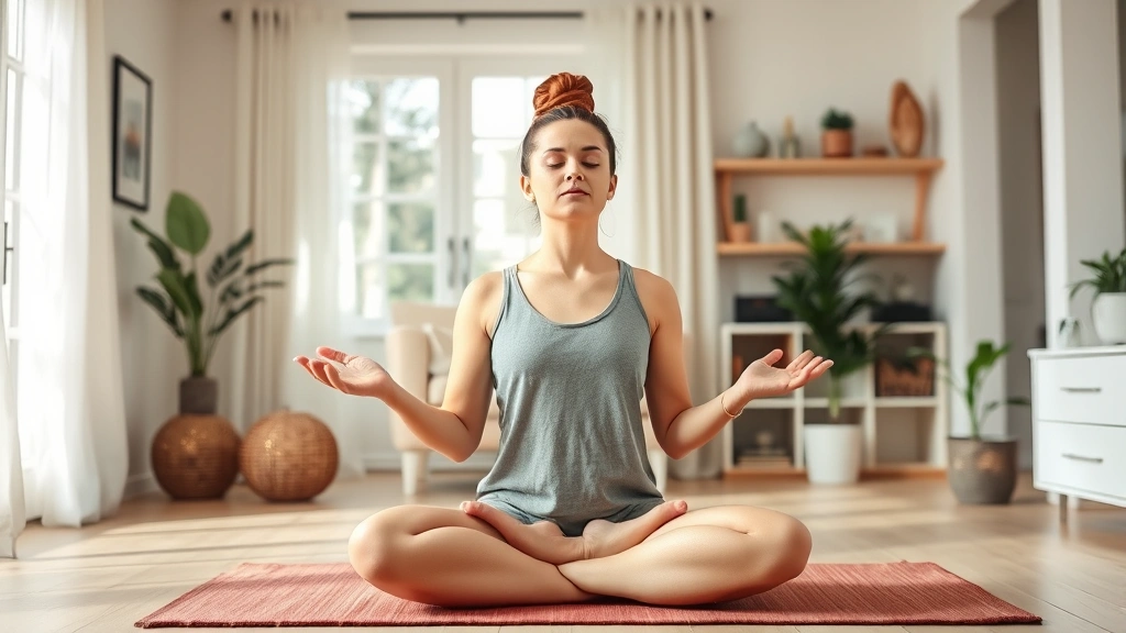 A peaceful meditation or yoga scene in a bright home environment showing someone practicing mental wellness and stress management for financial clarity