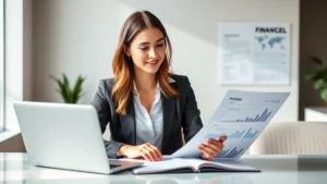 Professional woman reviewing financial documents and investment portfolio at modern desk with laptop and charts, confident expression, natural lighting, business casual attire