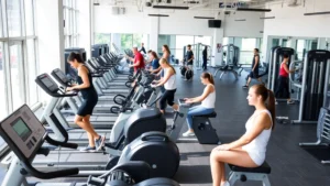Modern gym interior with diverse members using cardio equipment, free weights, and strength machines, bright natural lighting, welcoming atmosphere, professional fitness facility environment