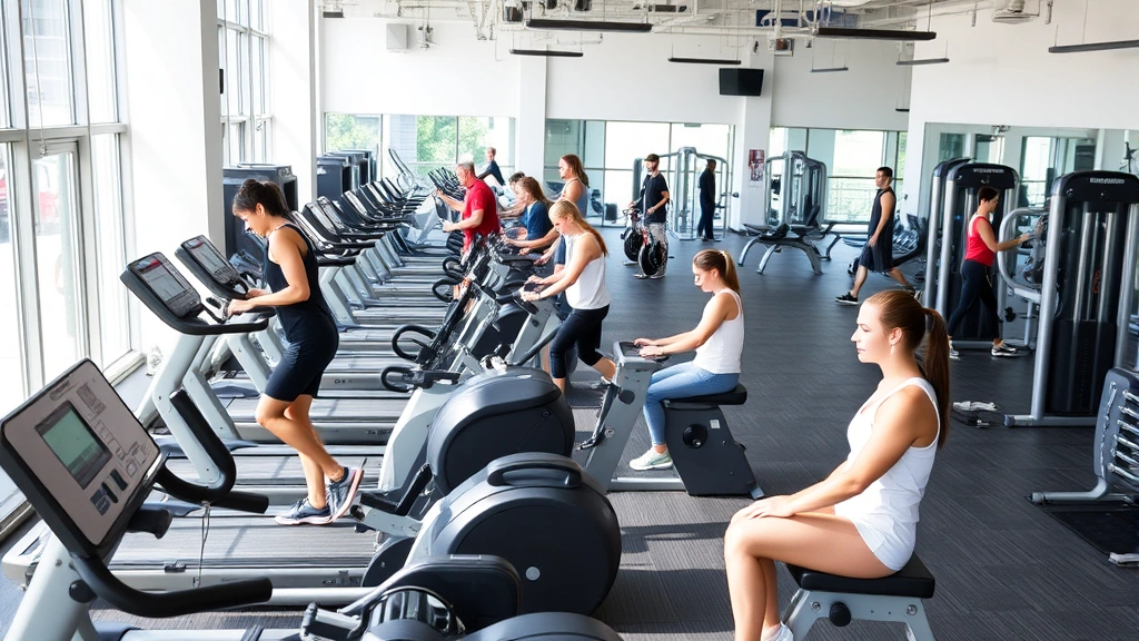 Modern gym interior with diverse members using cardio equipment, free weights, and strength machines, bright natural lighting, welcoming atmosphere, professional fitness facility environment