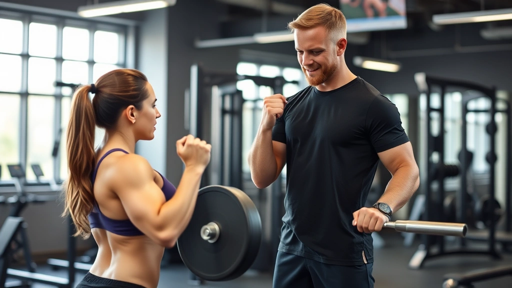 Personal trainer demonstrating proper weightlifting form to client in well-equipped gym, focusing on technique instruction, motivational environment, professional guidance setting