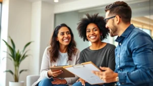 Professional health coach in modern office conducting consultation with diverse client, both smiling, clipboard and wellness assessment visible, natural lighting, warm professional atmosphere