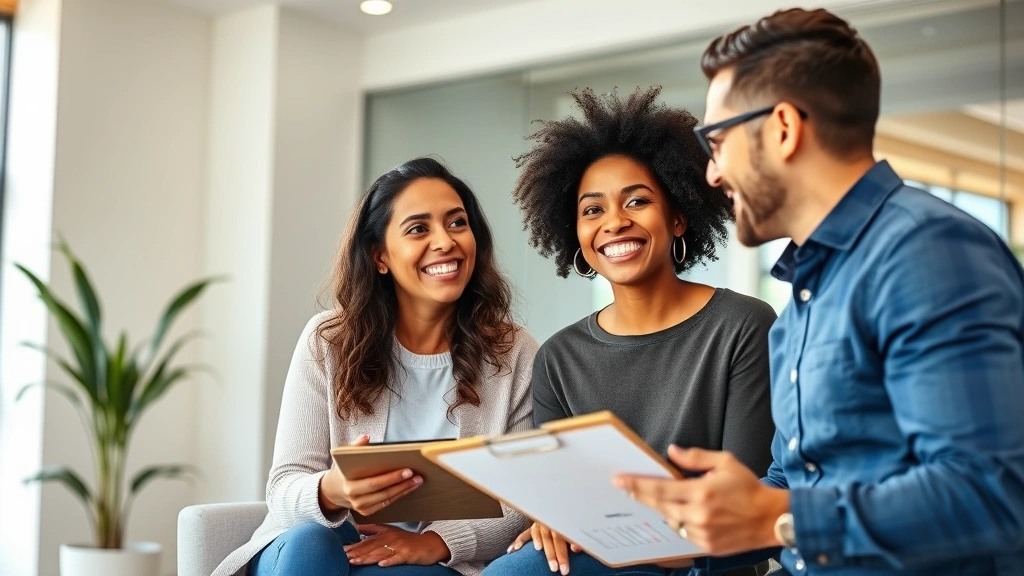 Professional health coach in modern office conducting consultation with diverse client, both smiling, clipboard and wellness assessment visible, natural lighting, warm professional atmosphere