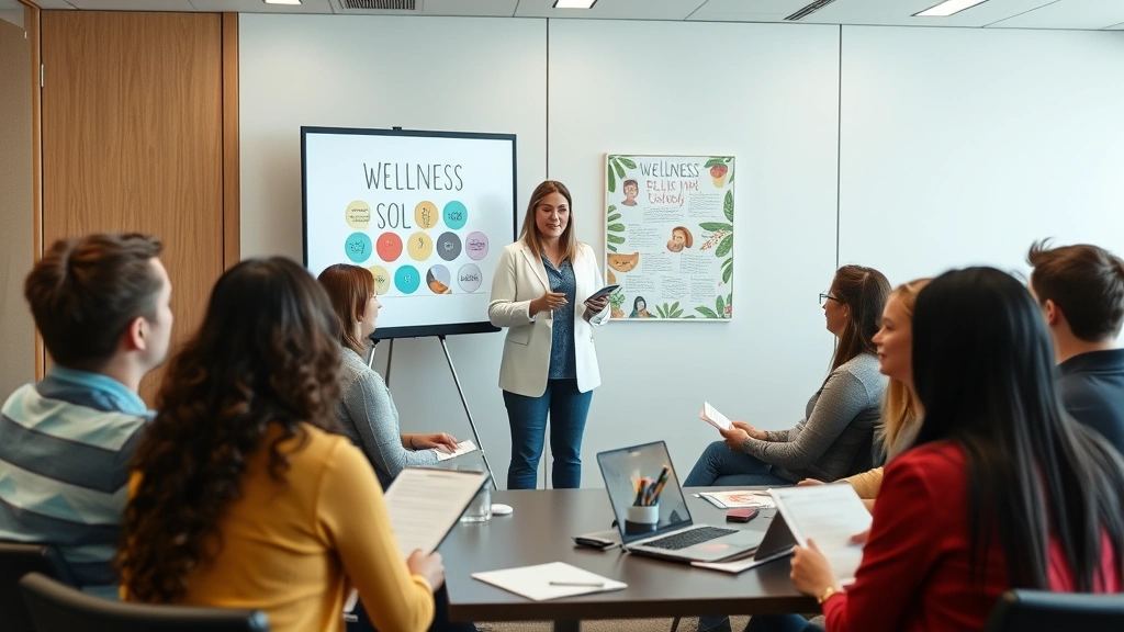 Health coach presenting wellness program to corporate employees in conference room, diverse group engaged and taking notes, motivational wellness poster visible, collaborative atmosphere