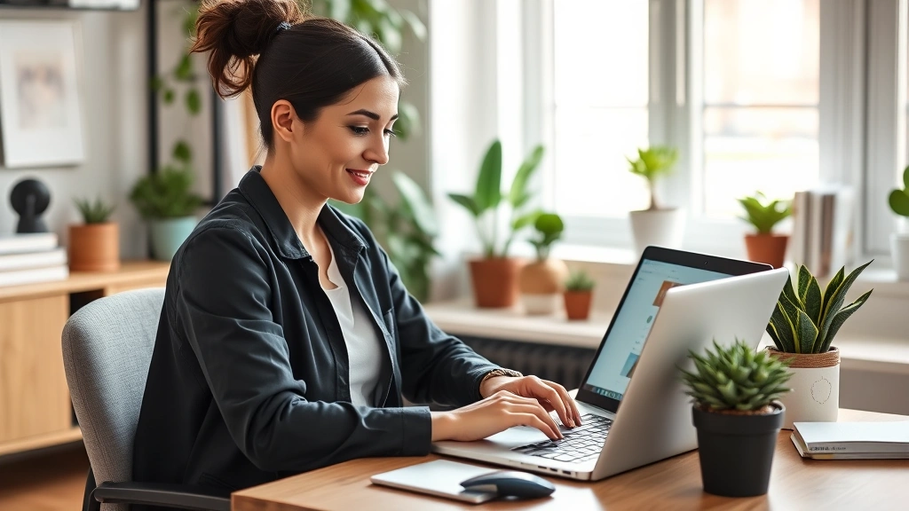 Independent health coach working at home office with laptop, plants, wellness books, professional background, virtual coaching session interface visible on screen, organized workspace