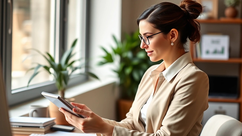 Professional woman in business attire reviewing health metrics on tablet, organized home office with plant, warm natural lighting, confident expression, wellness focus