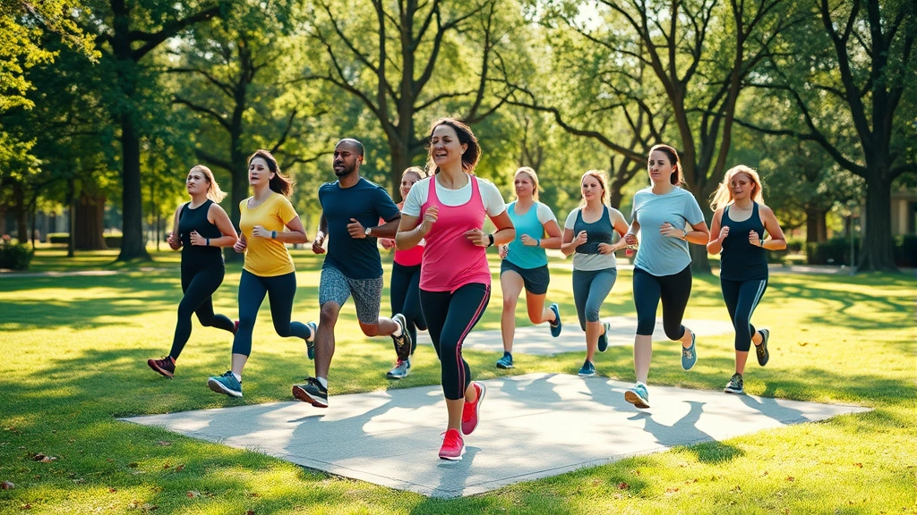 Diverse group of people exercising outdoors in park, jogging and stretching, morning sunlight, healthy active lifestyle, trees and green space, positive energy