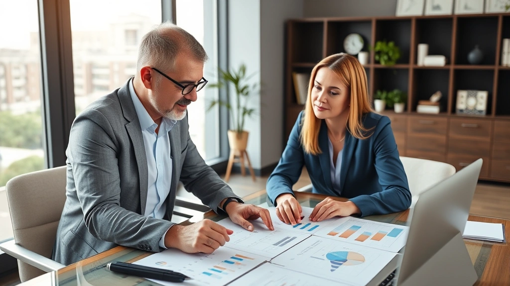 Financial advisor and client reviewing wellness and investment portfolio together, modern office setting, collaborative discussion, charts and planning documents on desk