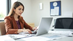 Professional woman at desk reviewing health insurance documents on laptop, Massachusetts office setting, natural daylight, organized financial paperwork visible