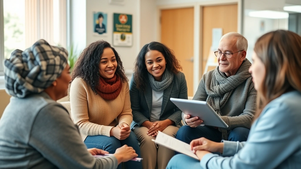 Diverse group of people in community health center discussing insurance options with advisor, warm lighting, supportive healthcare setting, documents and tablet visible