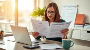 Professional woman reviewing financial documents and health insurance forms at a modern desk with a laptop, warm office lighting, organized workspace with calculator and coffee cup