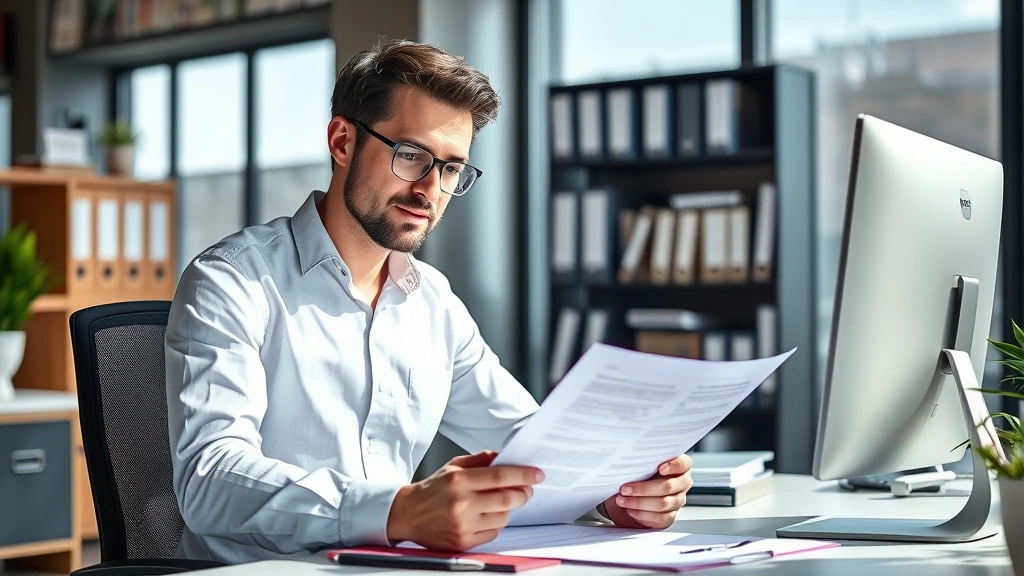 Professional business owner reviewing health code compliance documents at modern office desk with computer and organized filing system, natural lighting, confident expression