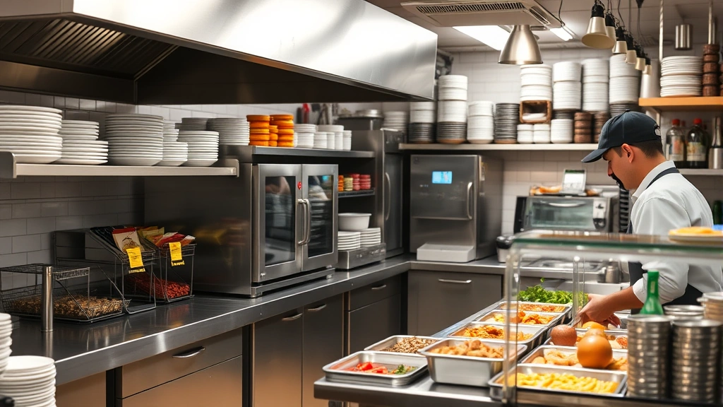 Restaurant kitchen with clean stainless steel equipment, proper food storage, organized workspace, and staff member conducting temperature check on food items
