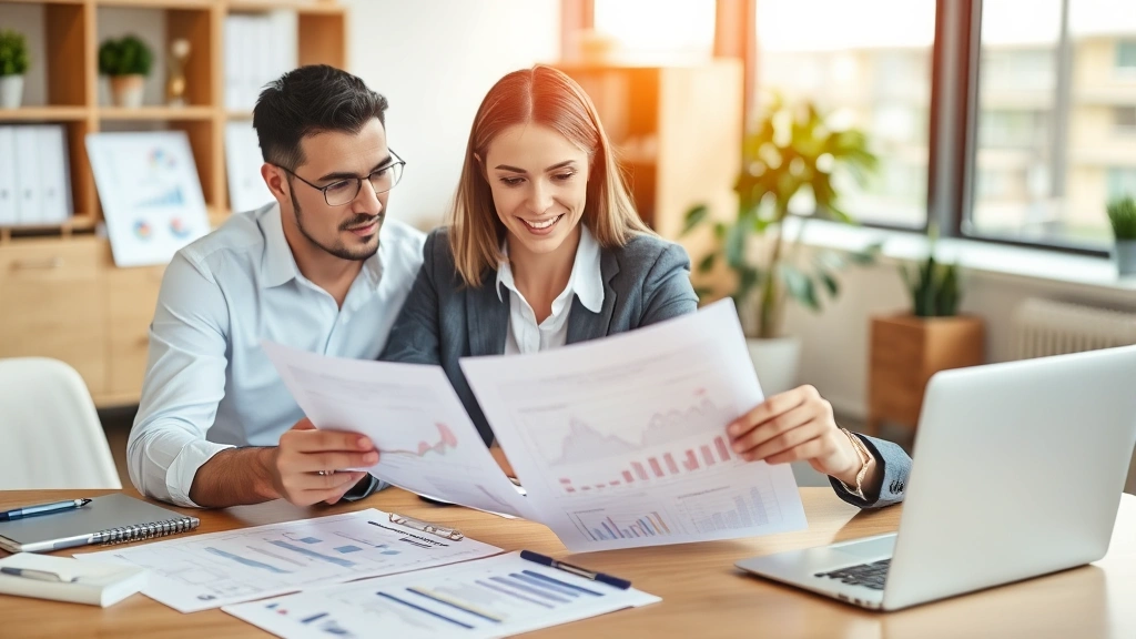 Financial advisor and small business owner reviewing compliance costs and budget planning documents in professional office setting with charts and planning materials