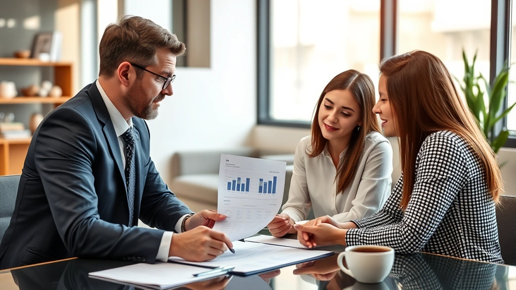 Professional financial advisor meeting with young couple reviewing investment portfolio and wealth building strategy in modern office setting with financial charts visible