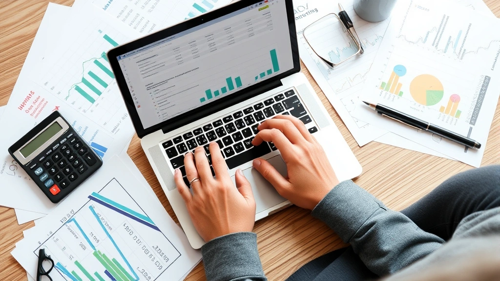 Person working on laptop tracking budget and investments, surrounded by financial documents and calculator, demonstrating organized wealth building and financial planning