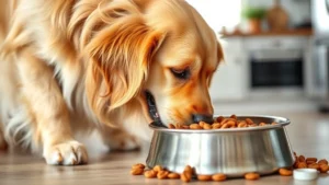 Golden retriever eating from a stainless steel bowl filled with premium dog kibble, natural sunlit kitchen background, focused and content expression