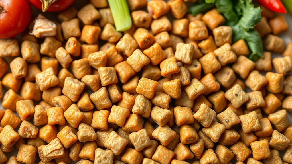 Close-up overhead view of scattered high-quality dog food kibble pieces showing texture and color variation, with fresh ingredients like chicken and vegetables blurred in background