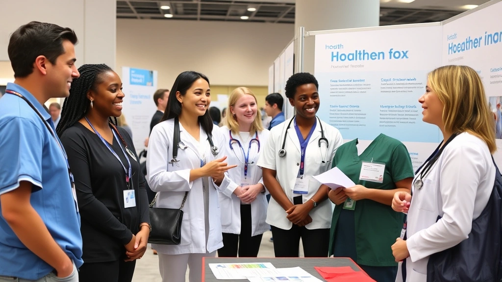 Professional healthcare workers at a health fair booth with diverse attendees discussing career opportunities and benefits, modern clinic setting with informational materials visible, people smiling in conversation