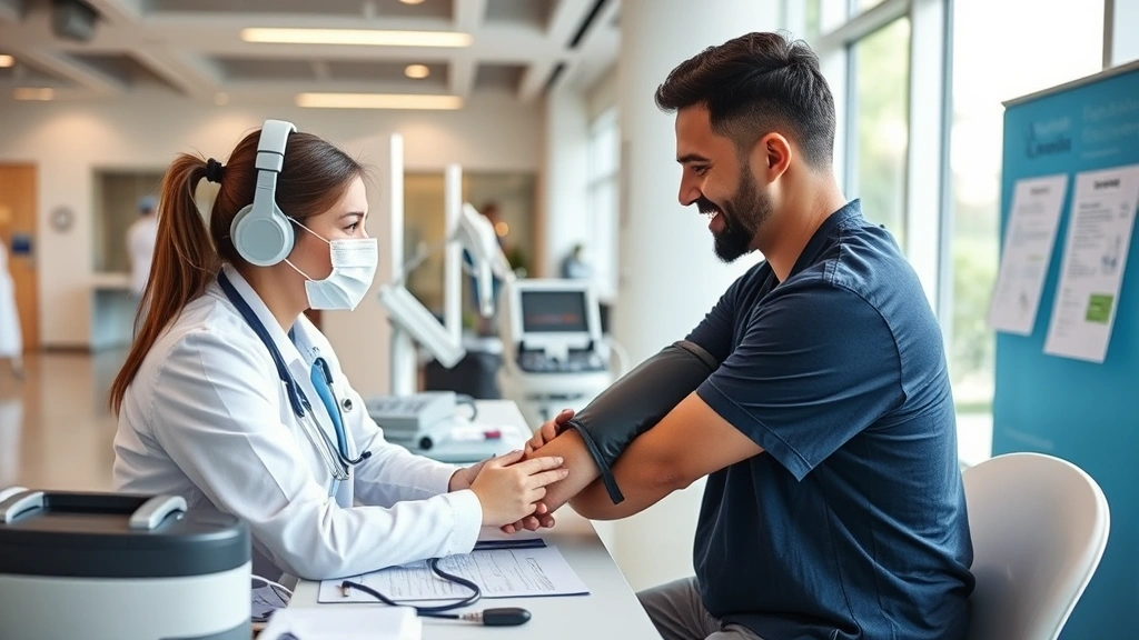 Person receiving blood pressure screening at health fair with friendly healthcare provider, modern medical equipment, wellness-focused clinic environment, natural lighting showing preventive care in action