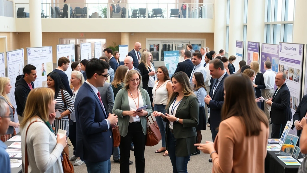 Group of professionals networking at health fair near informational booths, diverse attendees exchanging business cards and discussing opportunities, modern community center setting with health-related displays