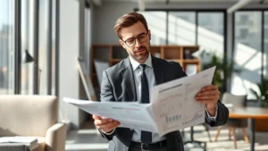 Professional businessman in modern office reviewing financial documents and investment portfolios, sunlit workspace with contemporary furnishings, confident expression analyzing growth charts and wealth management strategies