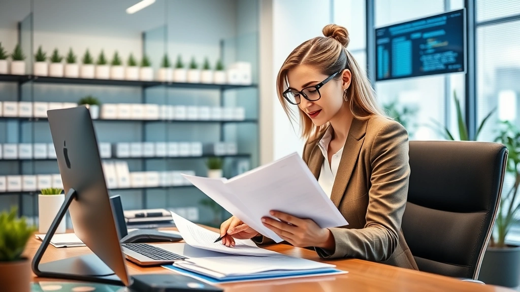 Successful female entrepreneur in sleek dispensary management office, reviewing compliance documentation and business operations, professional attire, organized desk with technology, focused on regulatory requirements and financial planning