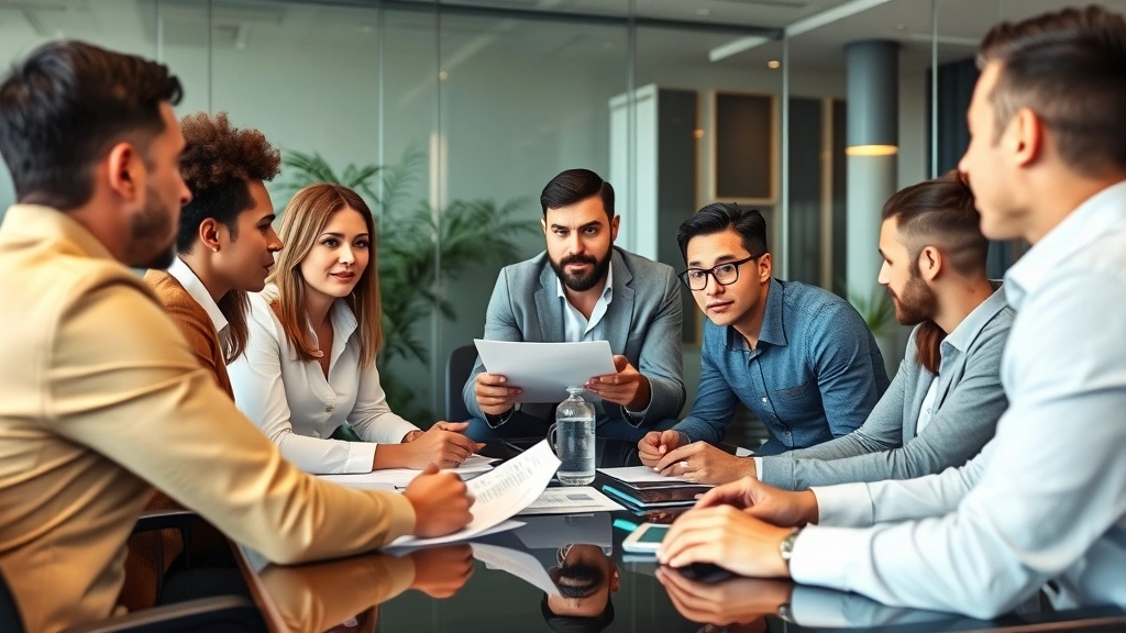 Diverse team of cannabis industry professionals in conference room discussing business strategy and market analysis, professional setting, reviewing documents and data, collaborative wealth-building discussion environment