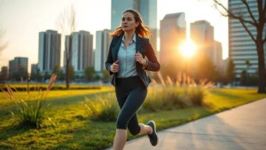 Professional woman in business attire jogging through a modern park during sunrise, looking energized and confident, with financial district buildings visible in the background, morning light creating dynamic shadows