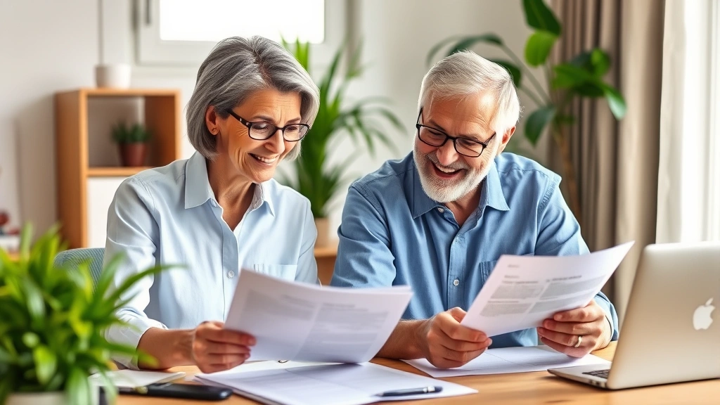Middle-aged couple reviewing health records and financial documents together at a home office desk, smiling with focused expressions, natural window light, wellness plants visible, representing integrated health-wealth planning