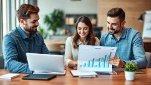 Professional financial advisor meeting with young couple reviewing investment portfolio and wealth growth charts on wooden desk with modern office background